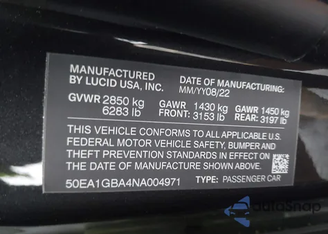 2022 Lucid Air Grand Touring из США, поврежденный, VIN 50EA1GBA4NA004971